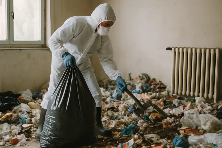 Une pièce en désordre avec des déchets, avant le nettoyage après syndrome de Diogène à Pordic.