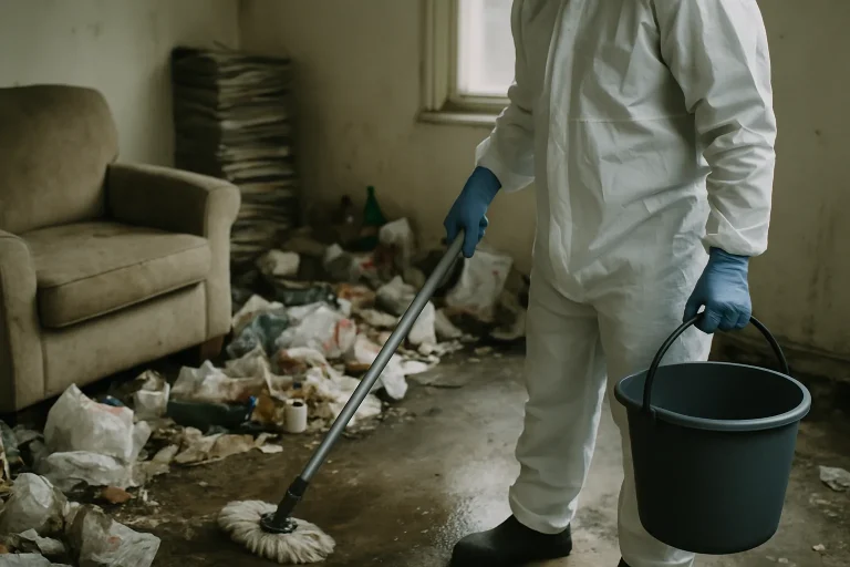 Un appartement en désordre à Crozon, illustrant les défis du nettoyage après syndrome de Diogène.