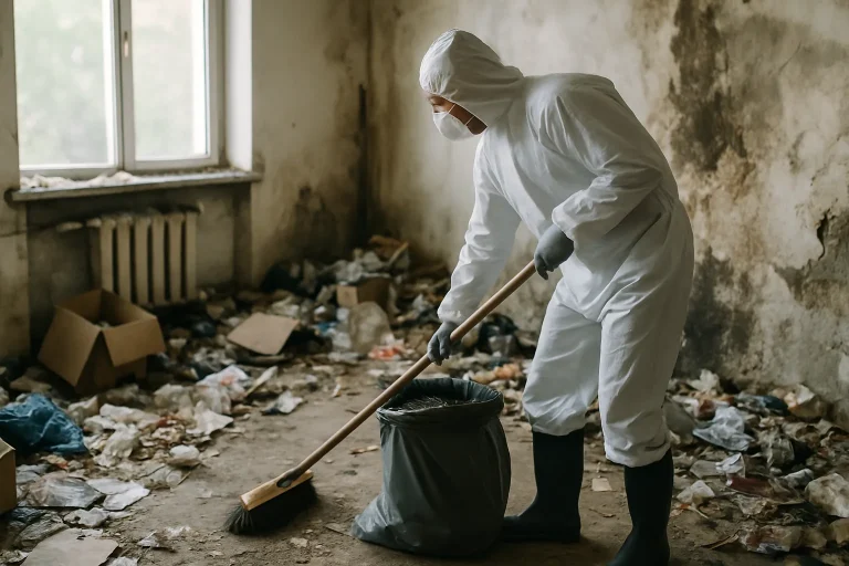 Vue d'un appartement à Tregueux, désordonné avec des objets et des déchets éparpillés sur le sol.