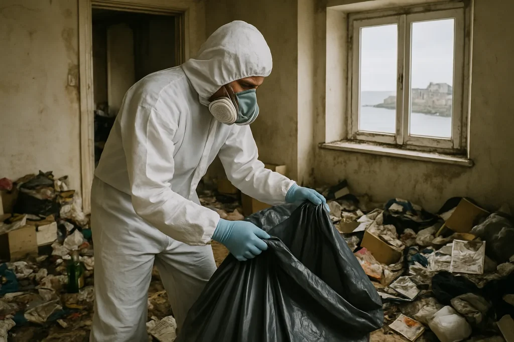 Un appartement désordonné à Saint-Malo en cours de nettoyage par un professionnel.