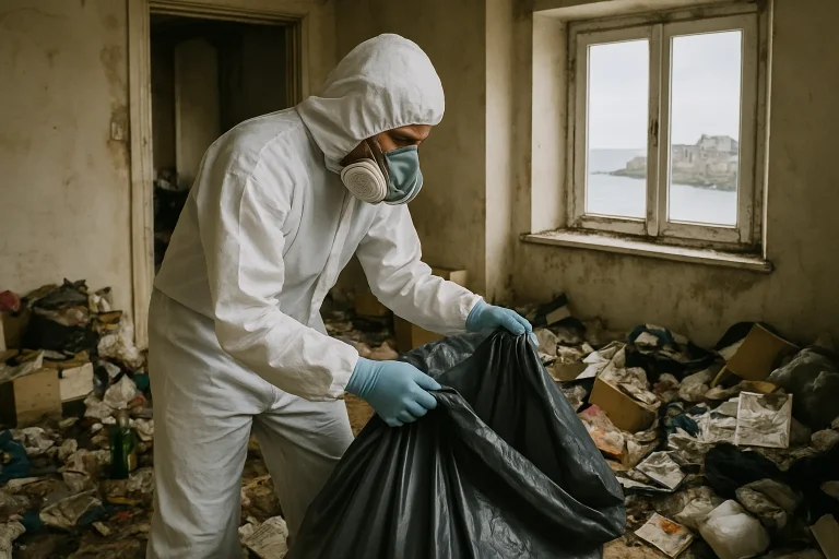 Un appartement désordonné à Saint-Malo en cours de nettoyage par un professionnel.