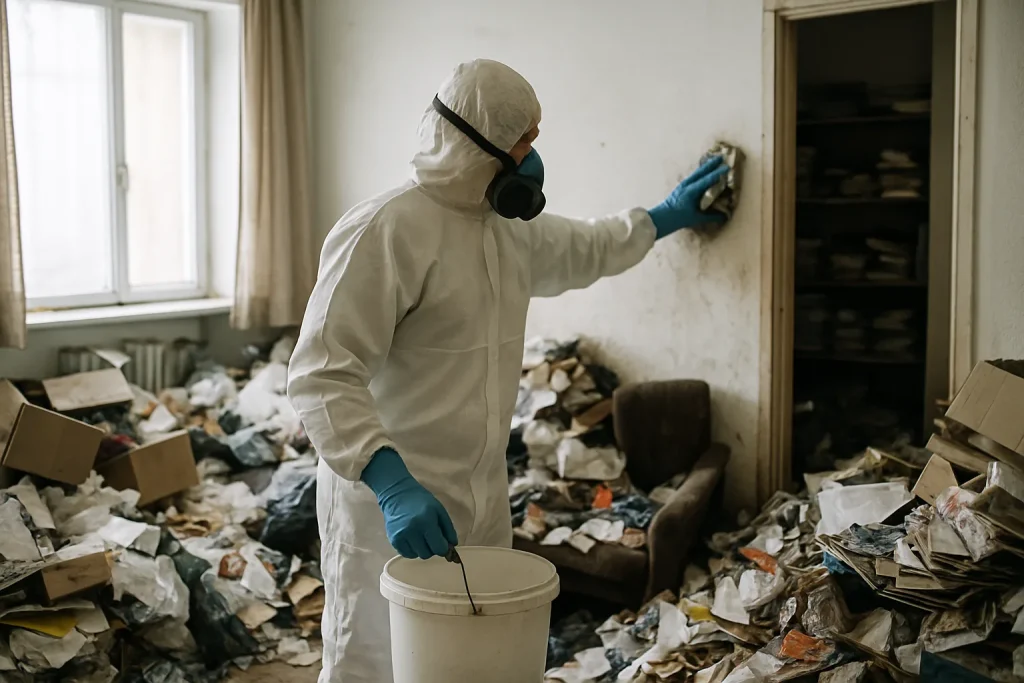 Professionnel du nettoyage dans un appartement en désordre à Donnery, mettant en évidence les défis du syndrome de Diogène.