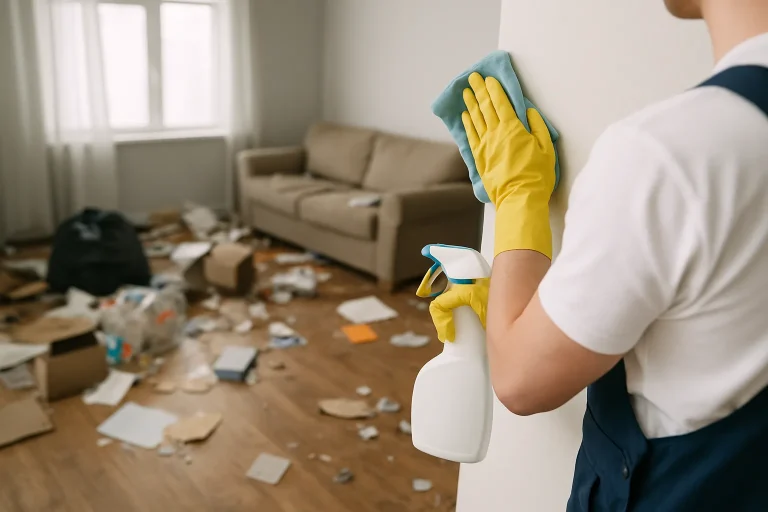 Un appartement à La Ville-Aux-Dames avec des déchets éparpillés, montrant le besoin d'un nettoyage après syndrome de Diogène.