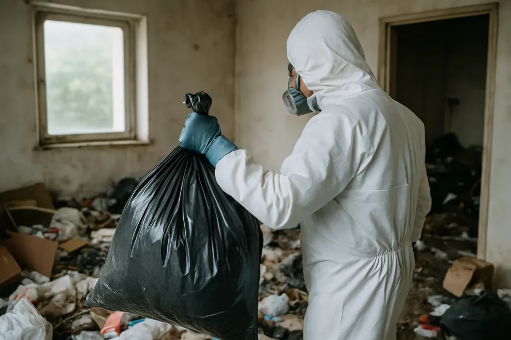 Un appartement à Groix avec des déchets et un désordre visible avant nettoyage.