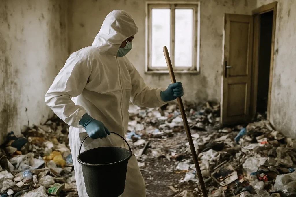 Un appartement à Kerlouan avec des déchets et des objets en désordre avant le nettoyage.