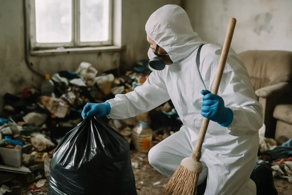 Intérieur d'un appartement à Crest avec des objets accumulés et désordonnés.