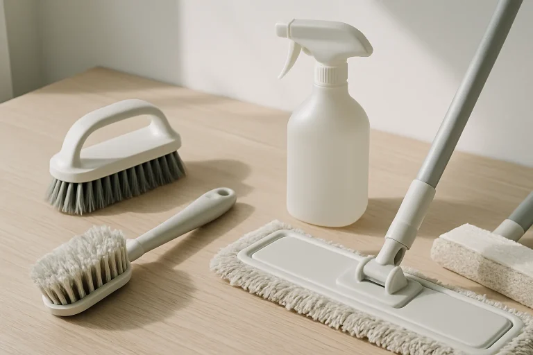 Gros plan sur des outils de nettoyage modernes sur une table, éclairage naturel.