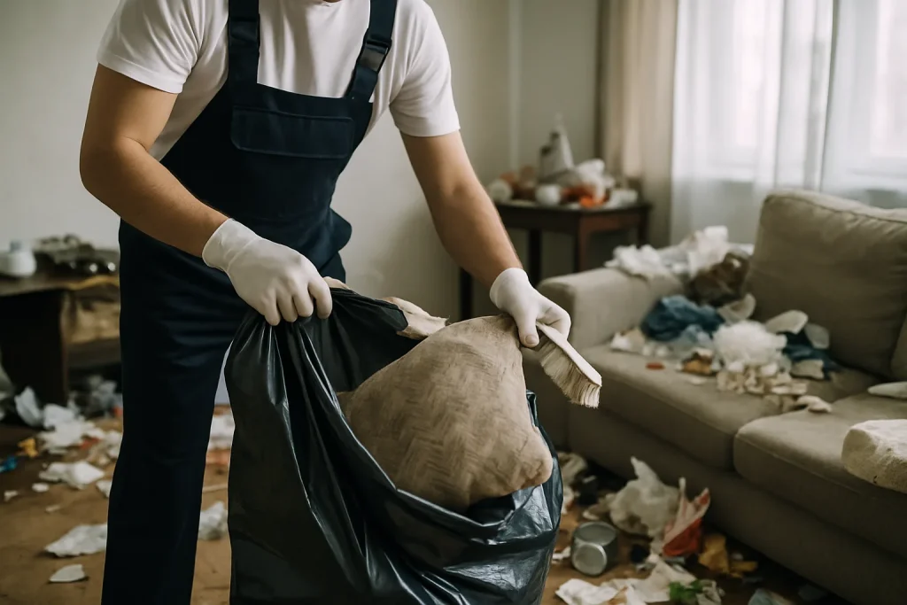 Intérieur d'un appartement à Dolomieu avec des objets en désordre, illustrant la nécessité d'un nettoyage après diogène.