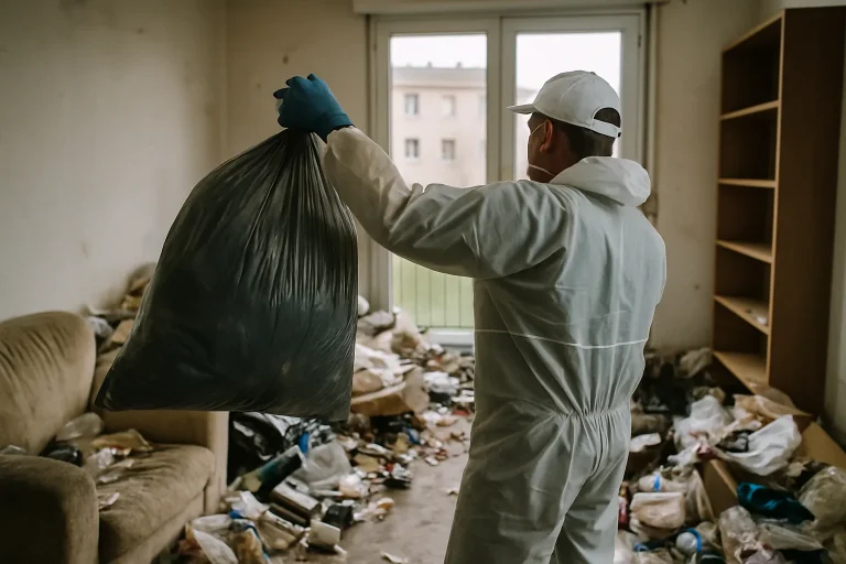 Appartement en désordre à Genas, avec des déchets et des objets accumulés, en cours de nettoyage.