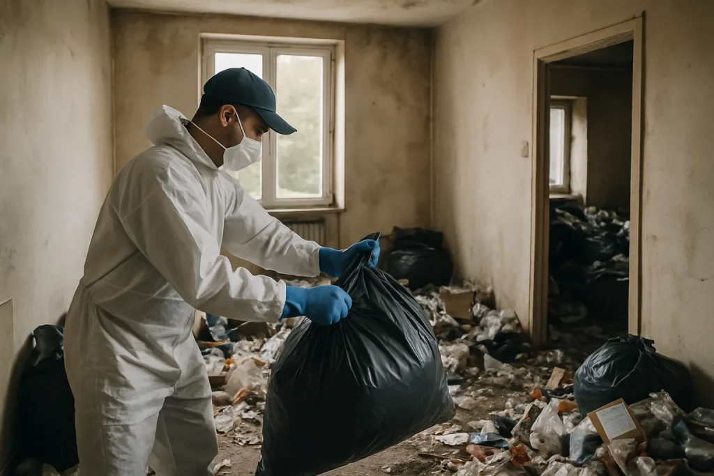 Équipe de nettoyage débarrassant un appartement insalubre à Jonage.