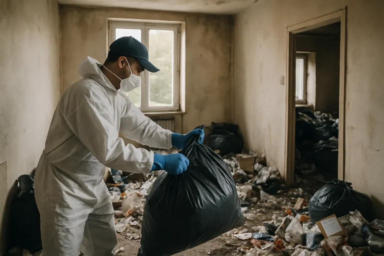 Équipe de nettoyage débarrassant un appartement insalubre à Jonage.
