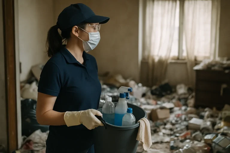 Intérieur d'un appartement à Le-Puy-En-Velay rempli de déchets et de désordre.