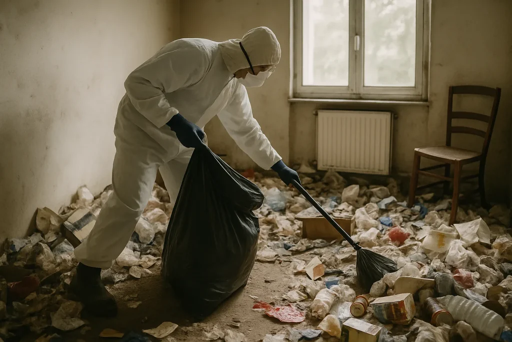 Un appartement à Plouay en désordre, illustrant le syndrome de Diogène avec des objets entassés.