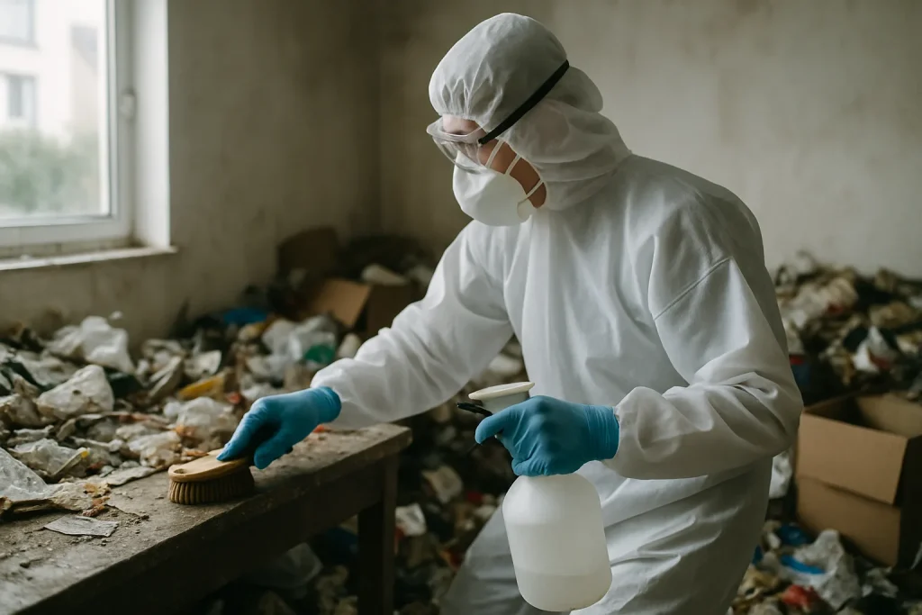 Équipe de nettoyage intervenant dans un appartement en désordre à Saint-Erblon