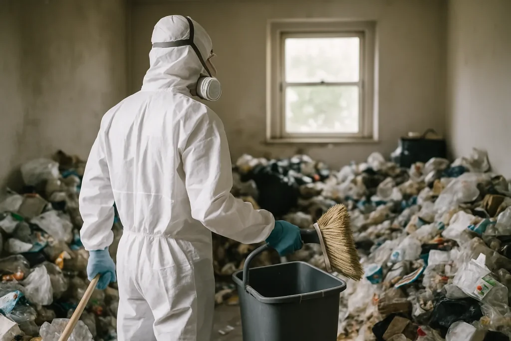 Vue d'un appartement en désordre à Plougastel-Daoulas, avec des objets et des déchets accumulés.