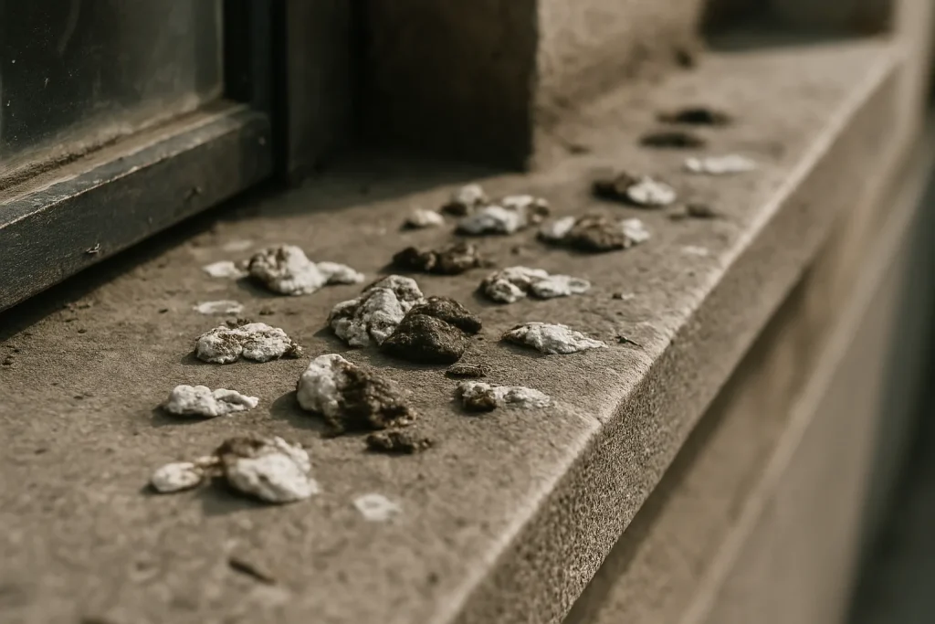 Gros plan des fientes de pigeons sur un rebord de fenêtre, lumière naturelle.
