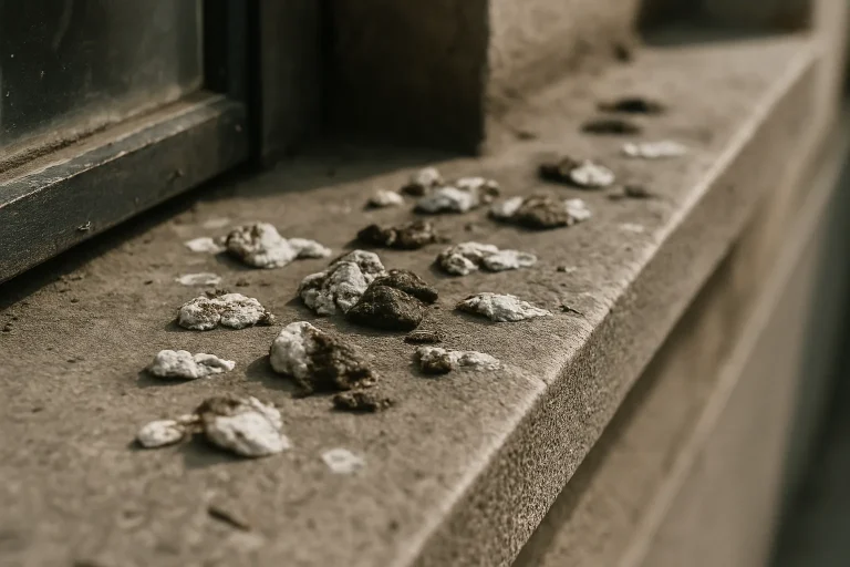 Gros plan des fientes de pigeons sur un rebord de fenêtre, lumière naturelle.