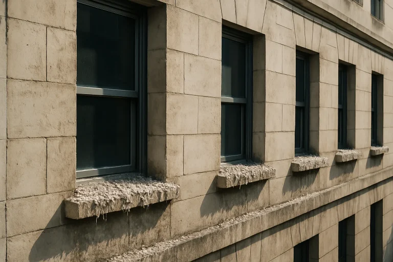 Rebords de fenêtres d'un bâtiment urbain couverts de fientes de pigeons