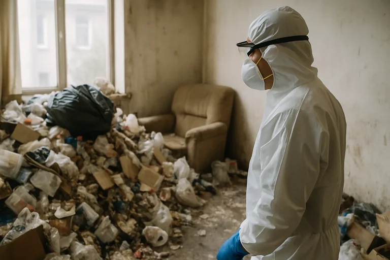 Maison en désordre avec des déchets sur le trottoir à Saint-Vallier, symbolisant le syndrome de Diogène.