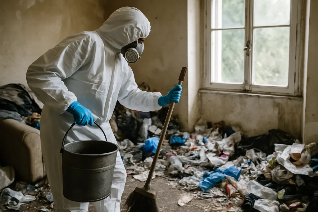 Vue plongeante d'un appartement en désordre, illustrant la situation après syndrome de Diogène.