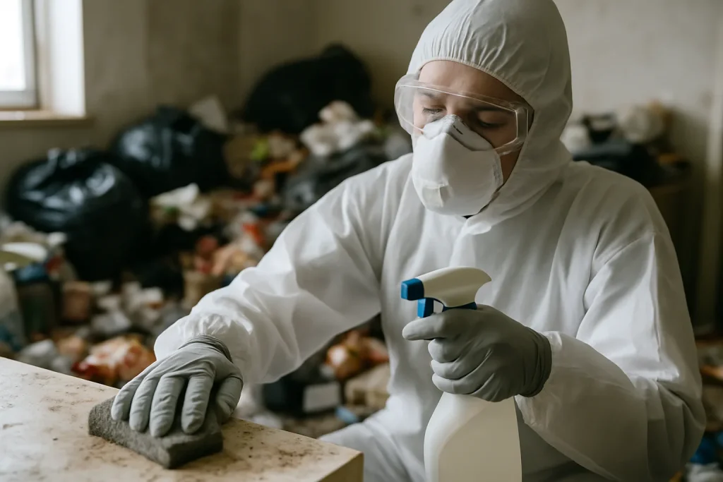 Un nettoyeur professionnel désencombrant un appartement insalubre à Toussie.