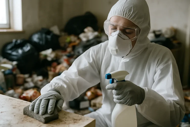 Un nettoyeur professionnel désencombrant un appartement insalubre à Toussie.