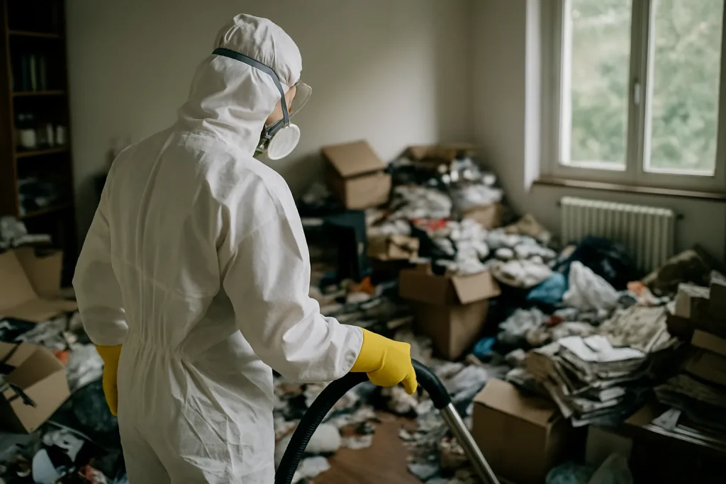 Vue d'un appartement en désordre avec des déchets, représentant une situation de syndrome de Diogène.