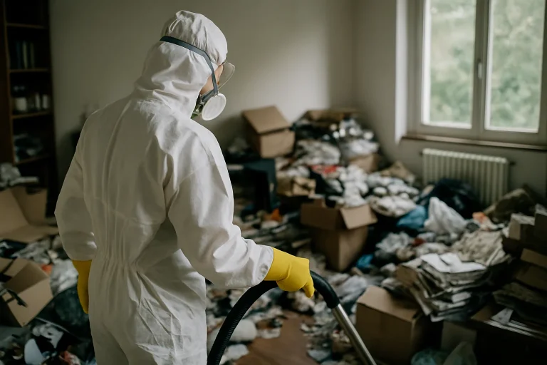Vue d'un appartement en désordre avec des déchets, représentant une situation de syndrome de Diogène.