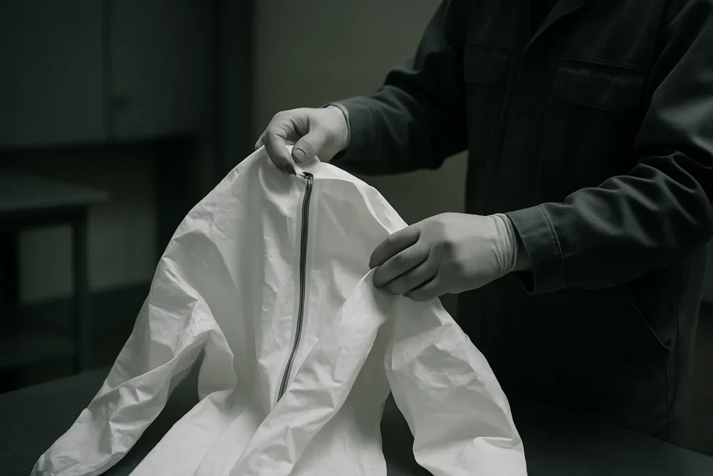 Mains en gants manipulant une combinaison de protection dans une pièce sombre pour un nettoyage post-décès