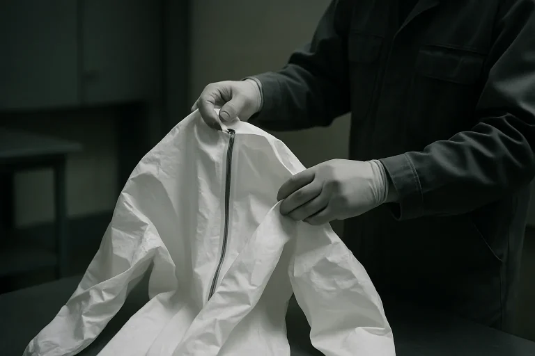 Mains en gants manipulant une combinaison de protection dans une pièce sombre pour un nettoyage post-décès