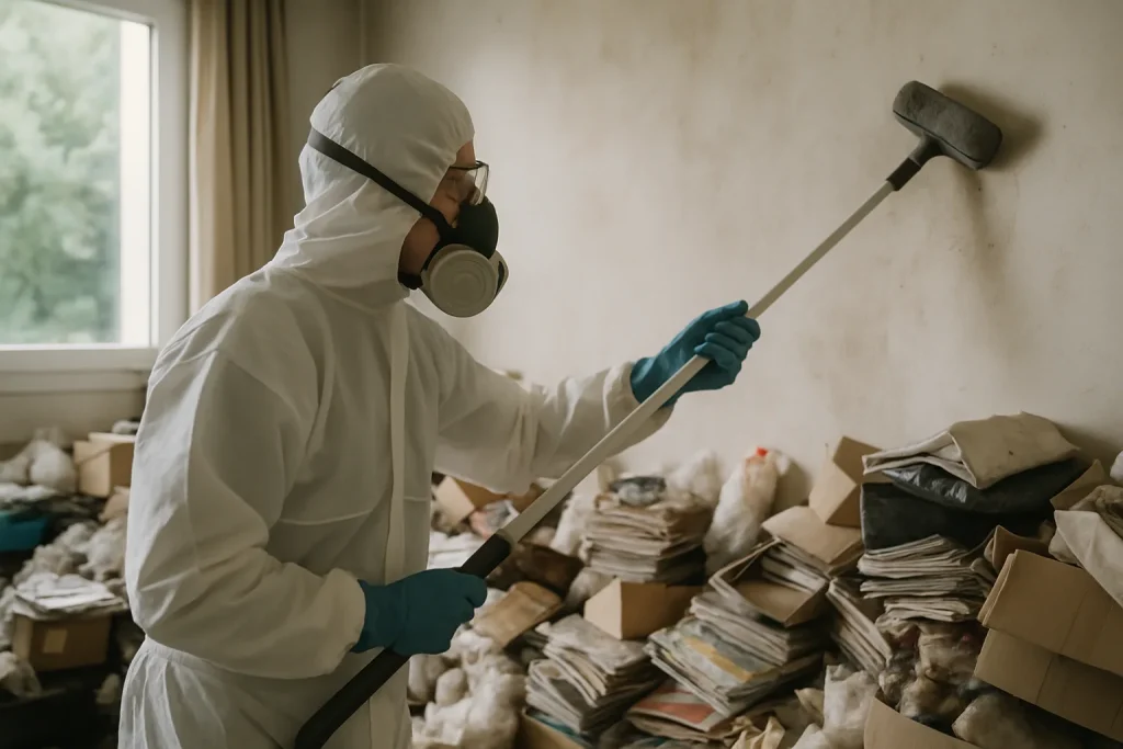 Équipe de nettoyage dans un appartement à Saint-Alban-Leysse, avec des déchets à enlever.