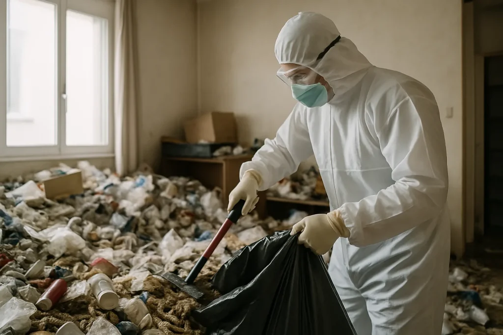 Des professionnels nettoient un appartement surchargé à Retiers, illustrant le syndrome de Diogène.