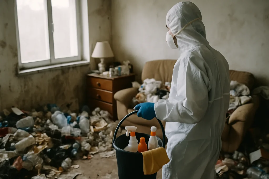 Intérieur d'un appartement en désordre nécessitant un nettoyage après diogène à Viuz-En-Sallaz.