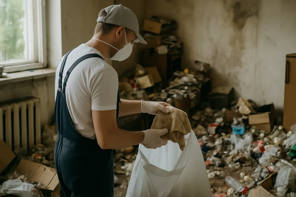 Appartement en désordre à Sury-Le-Comtal, montrant une accumulation d'objets.