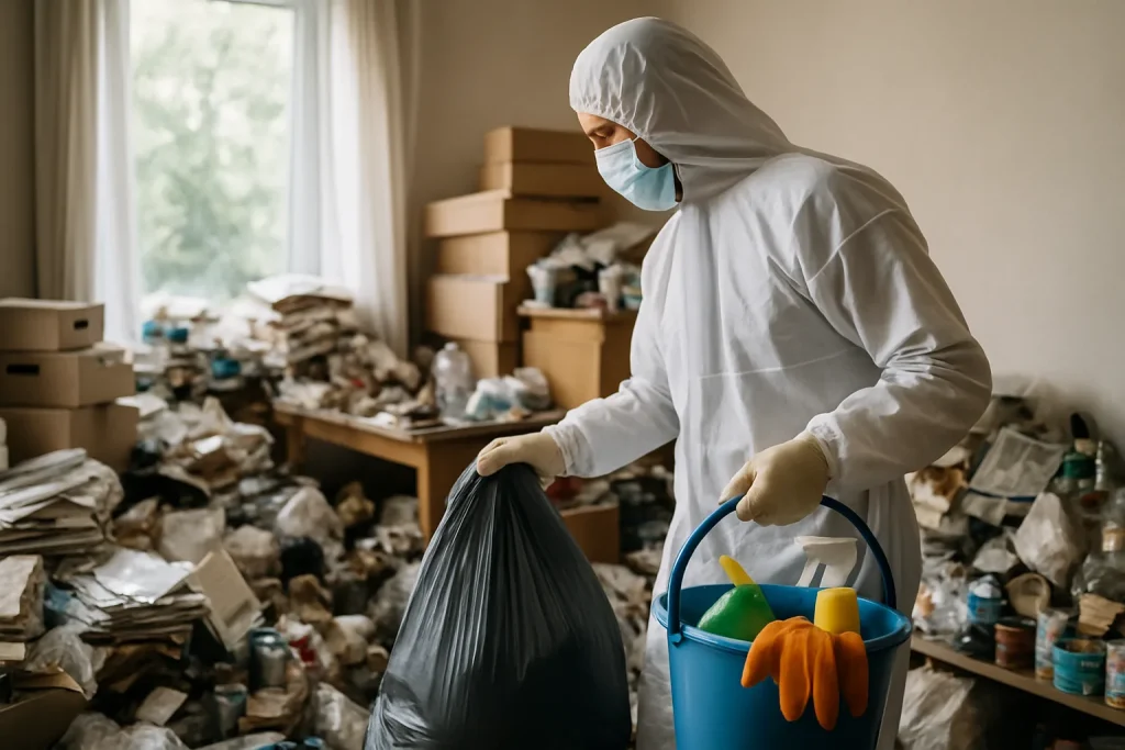 Équipe de nettoyage évaluant un appartement insalubre à Villaz, avec des objets en désordre.