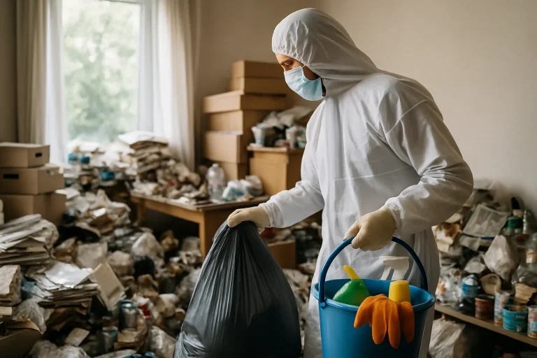 Équipe de nettoyage évaluant un appartement insalubre à Villaz, avec des objets en désordre.