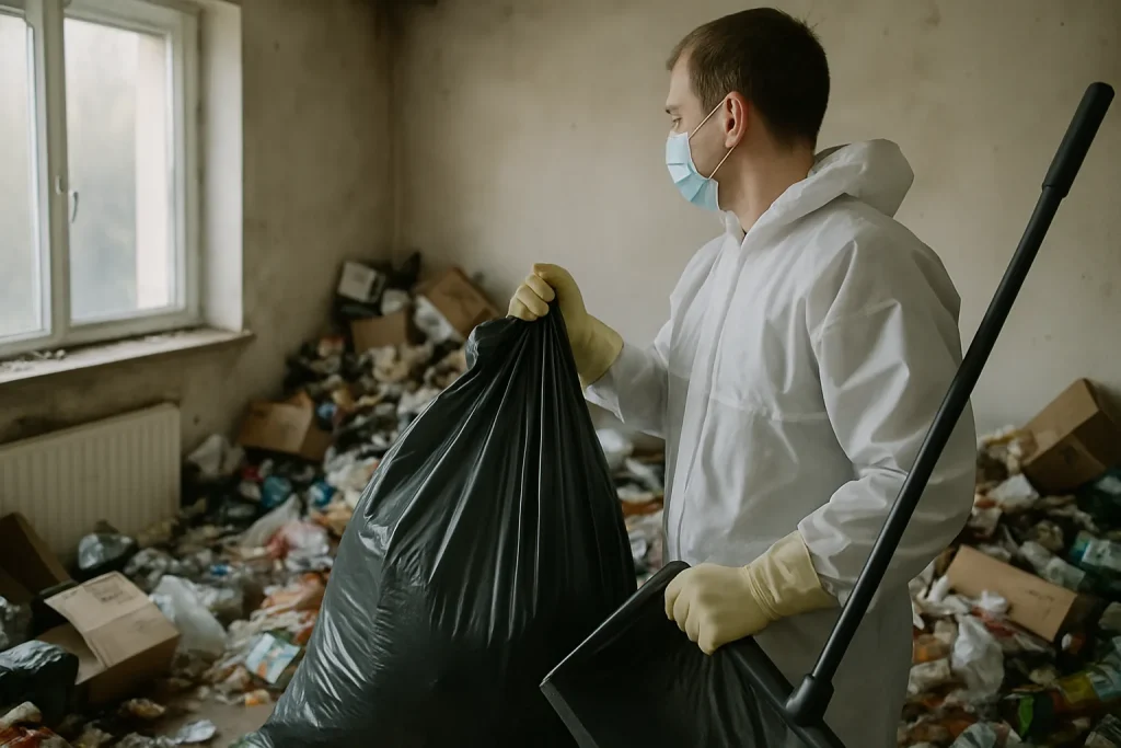 Une pièce en désordre avec des déchets et des meubles abîmés, représentant le syndrome de Diogène.