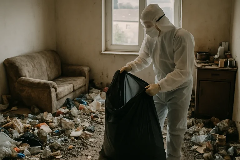 Un professionnel nettoie un appartement en désordre à Guipry, illustrant un cas de syndrome de Diogène.