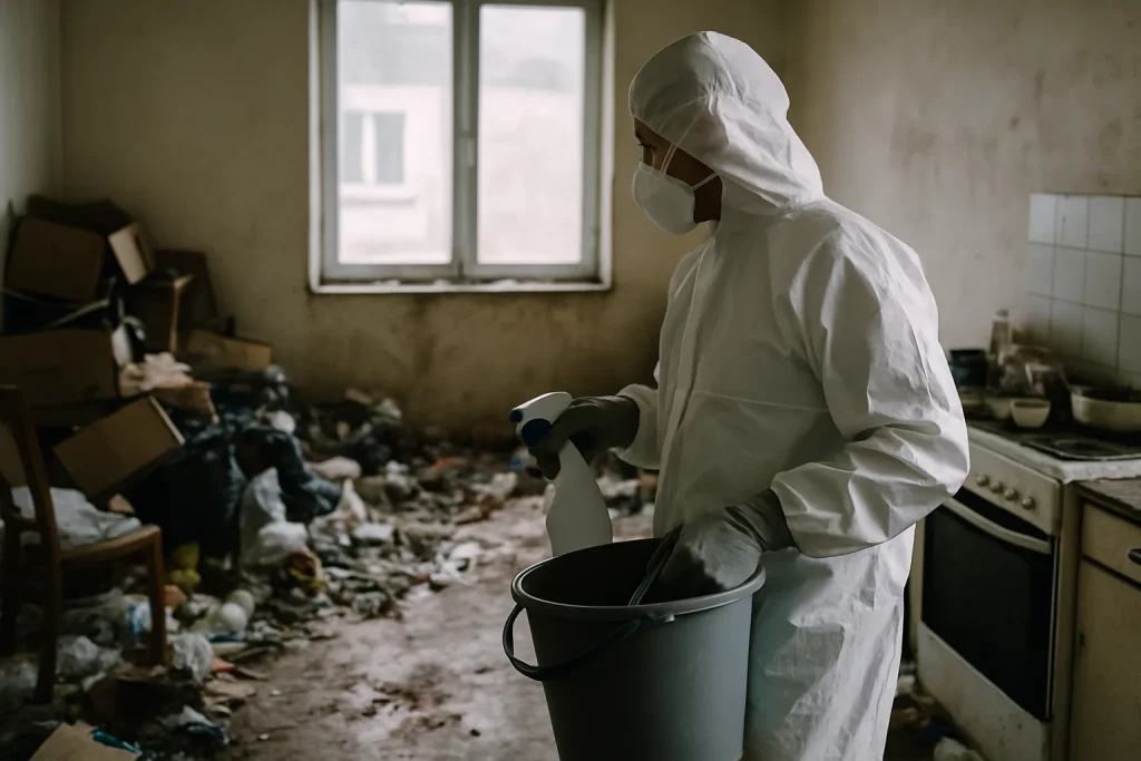 Intérieur d'un appartement à Guingamp avec un désordre important montrant le besoin d'un nettoyage après syndrome de Diogène.