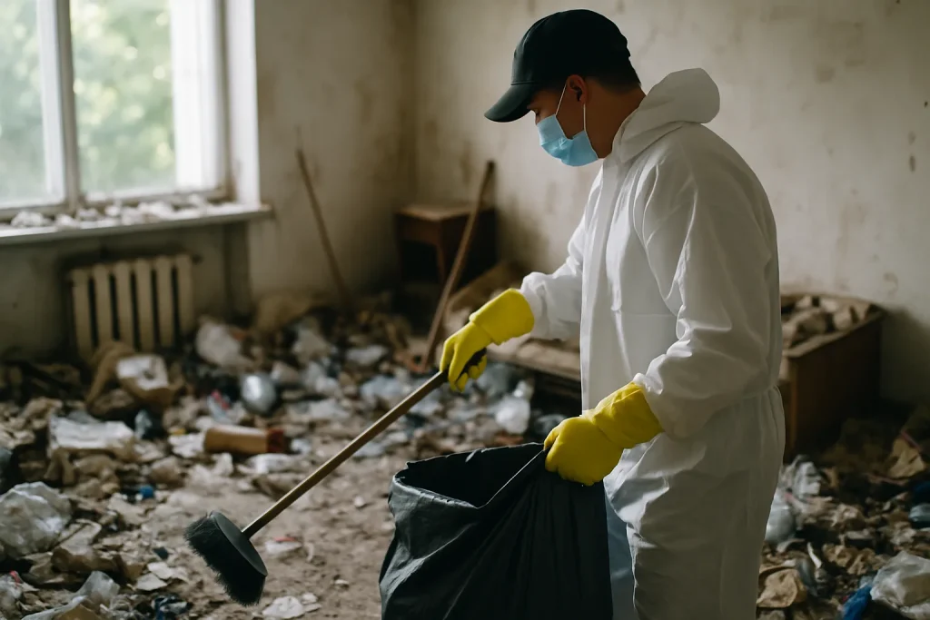 Équipe de nettoyage dans un appartement à Buzancais, triant des déchets et nettoyant l'espace.