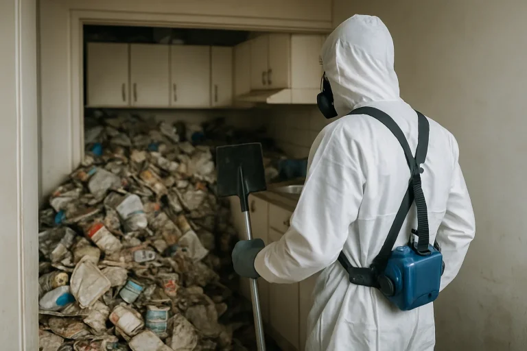 Intérieur d'un appartement à Champigny, débordant de déchets et d'objets accumulés.