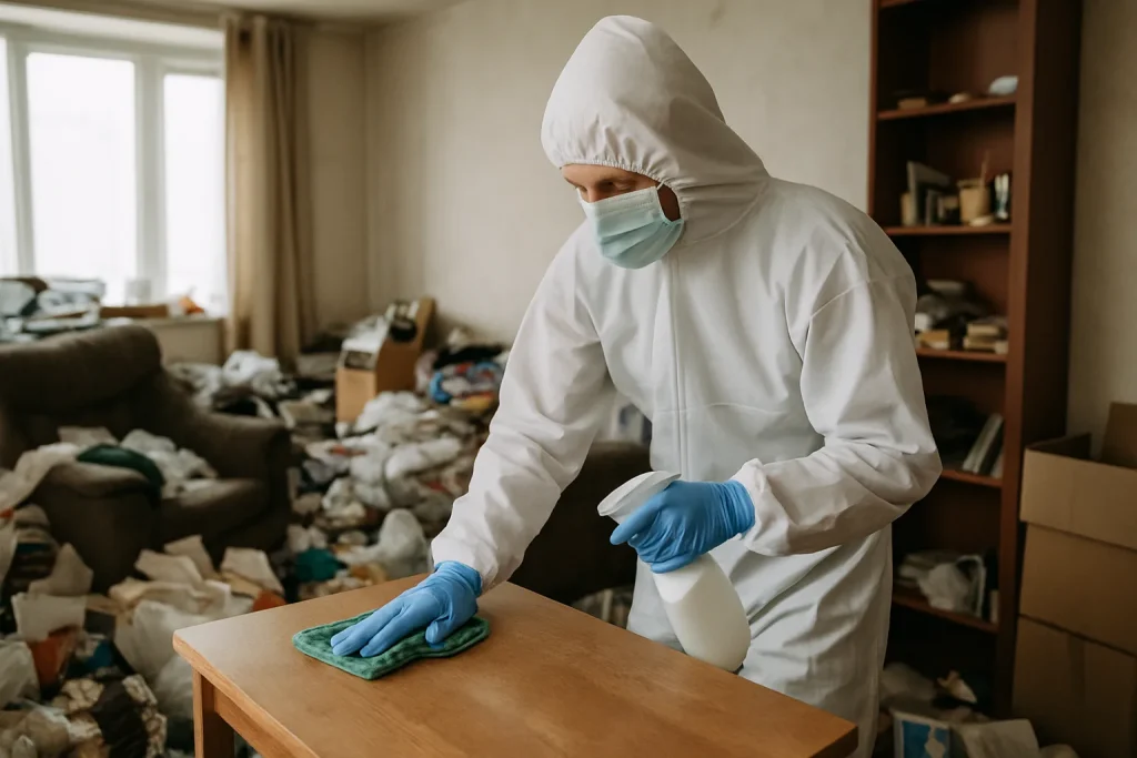 Professionnel du nettoyage nettoyant un appartement après syndrome de Diogène à Paimpol.