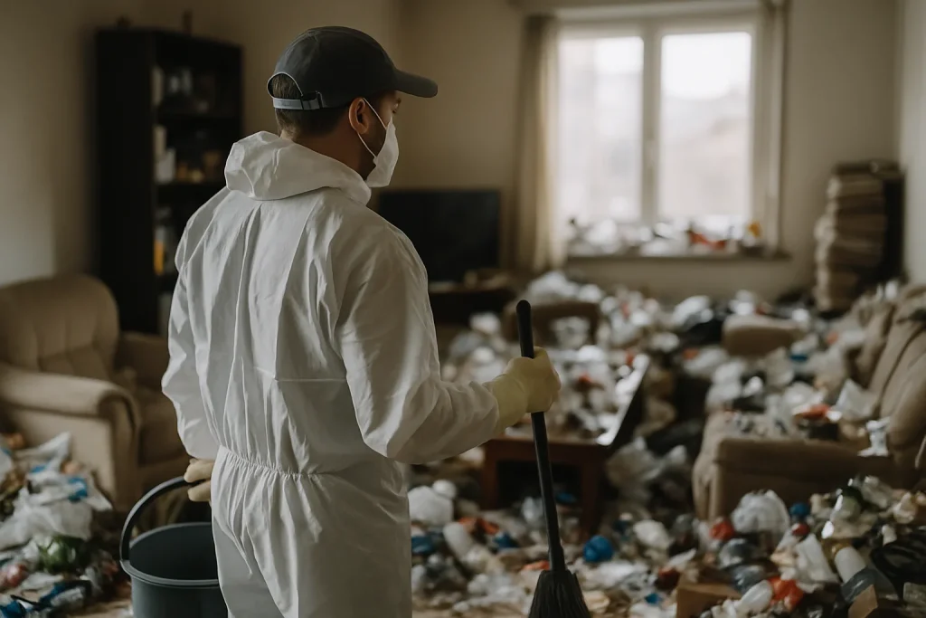 Un intérieur en désordre à Plouguerneau, montrant des objets accumulés et des déchets.