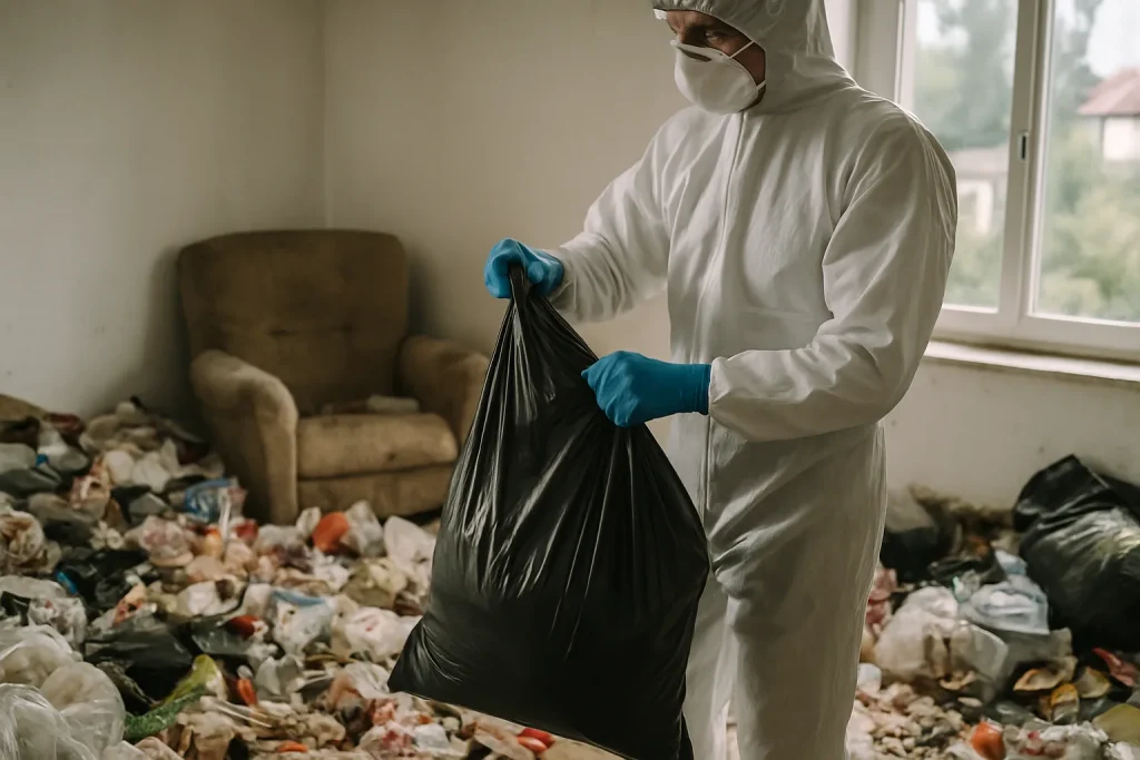 Appartement à Corenc avec déchets éparpillés au sol avant intervention de nettoyage.