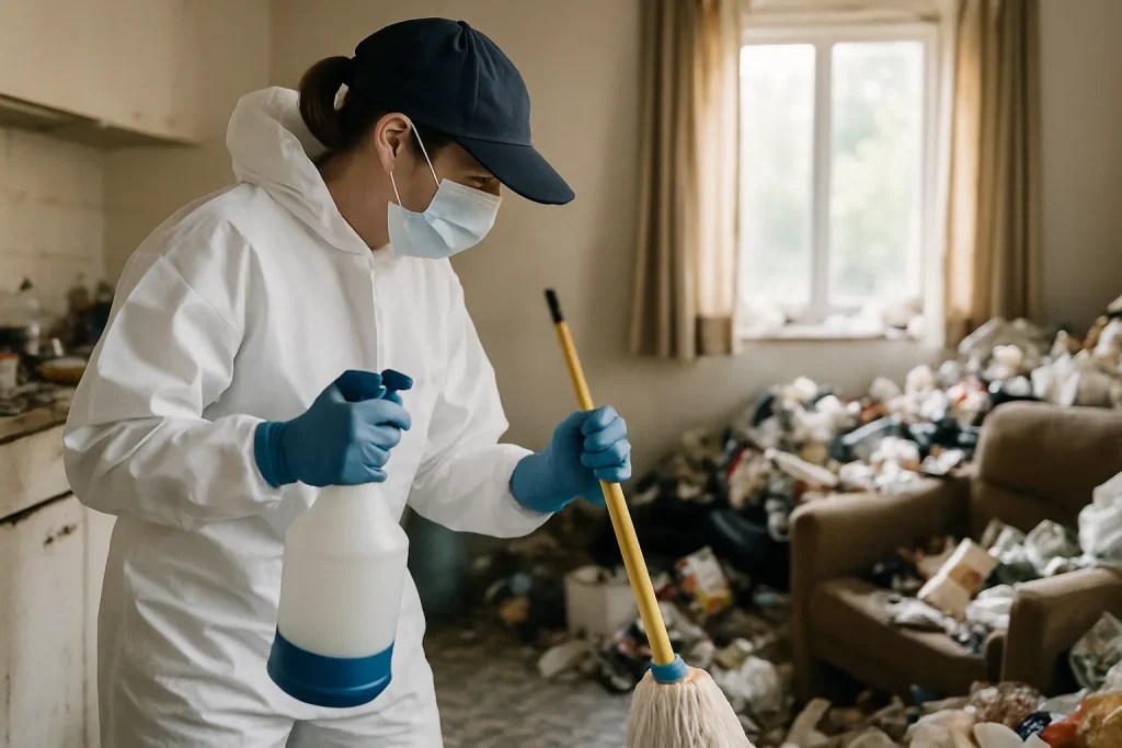 Équipe de nettoyage au travail dans un appartement en désordre à Nevez.