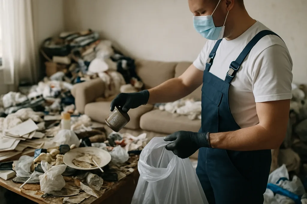 Équipe de nettoyage triant des déchets dans un appartement à Ville-La-Grand.