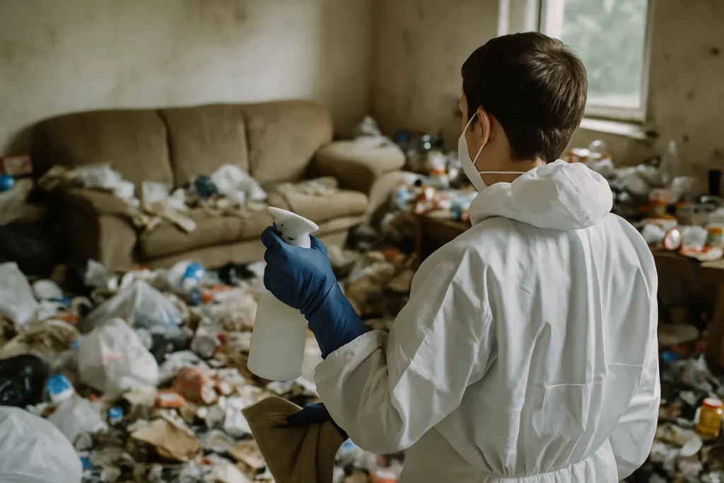 Technicien nettoyant un appartement désordonné à L'Isle-Sur-Le-Doubs après syndrome de Diogène.