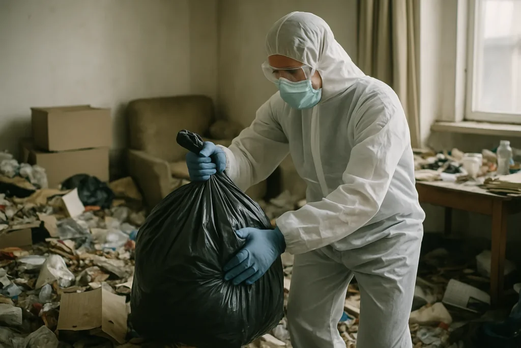 Intérieur d'un appartement en désordre à Saint-Denis-De-L'Hotel, témoignant d'un syndrome de Diogène.