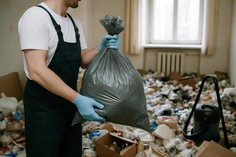 Équipe de nettoyage professionnel dans un appartement encombré à Allevard.
