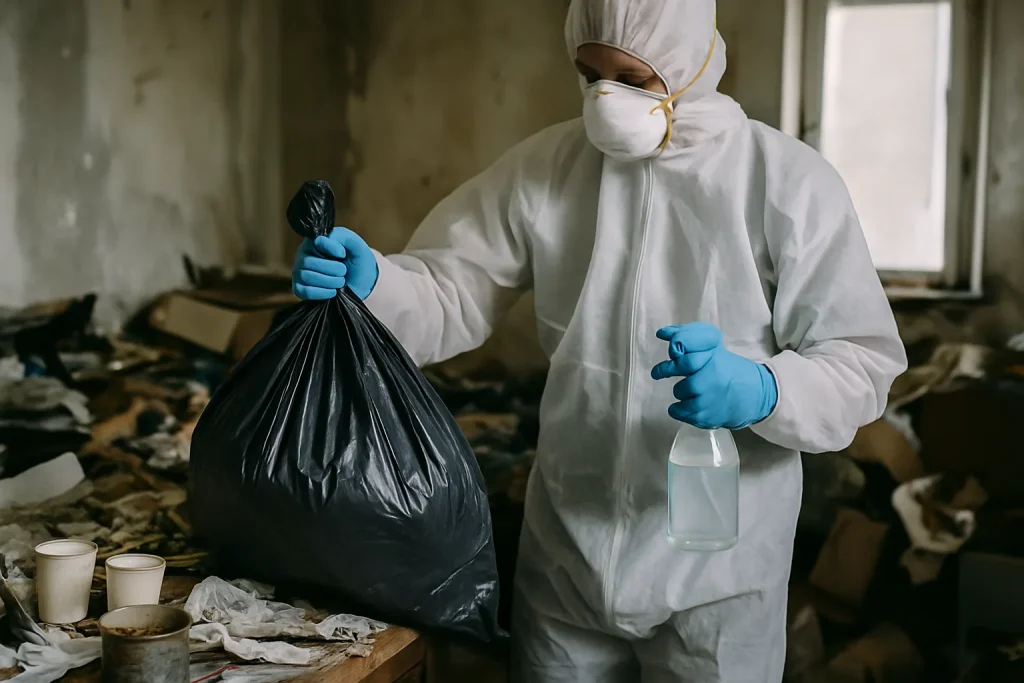 Professionnels nettoyant un appartement en désordre à Saint-Galmier, montrant des objets accumulés.